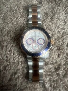Michael Kors Silver and Rose Gold-Tone Chronograph Watch with Blue Bezel